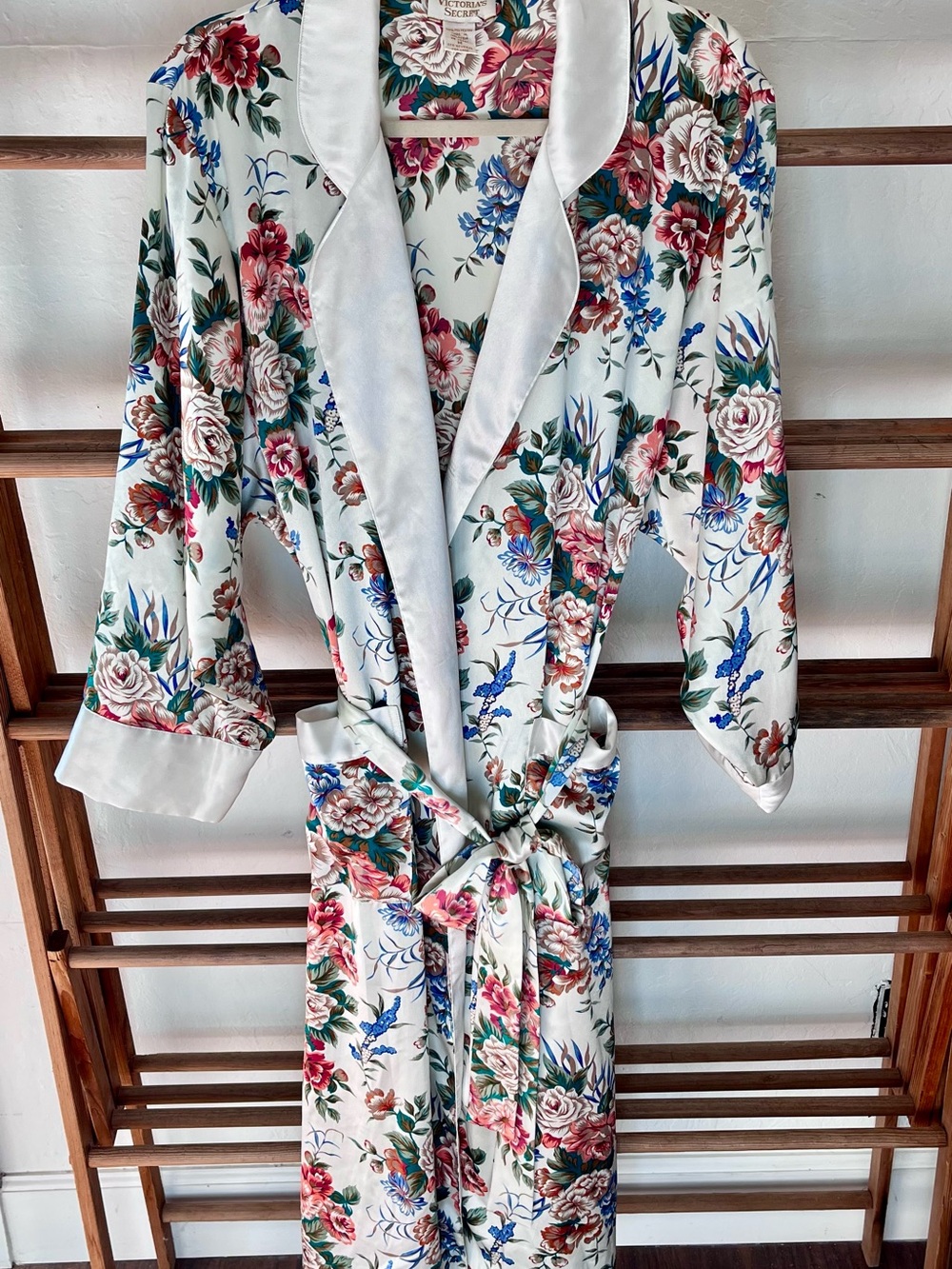 Vintage Victoria's Secret Ivory Satin Floral Robe with Pink, Red & Blue Blooms